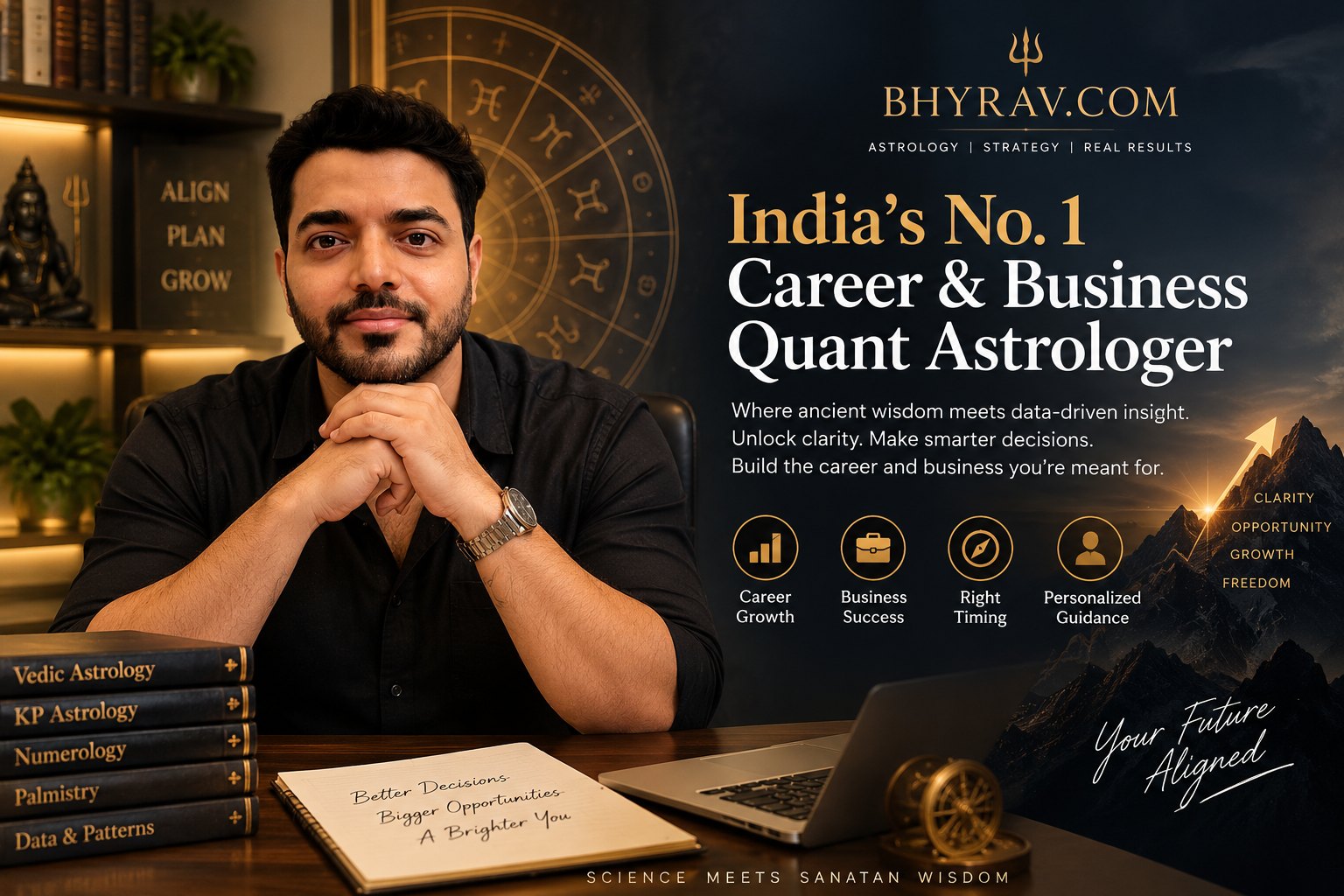 Mahesh Yadav — India’s No. 1 Career & Business Quantitative
                Astrologer — at his desk with texts on Vedic astrology, KP astrology,
                numerology, palmistry and data patterns.